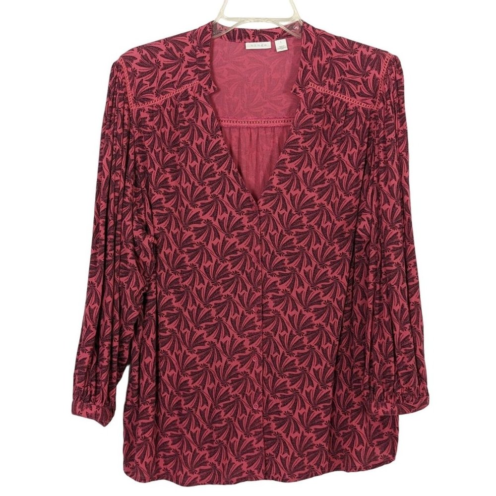 Hinge balloon sleeve elastic cuff V neck button front pink black blouse size L